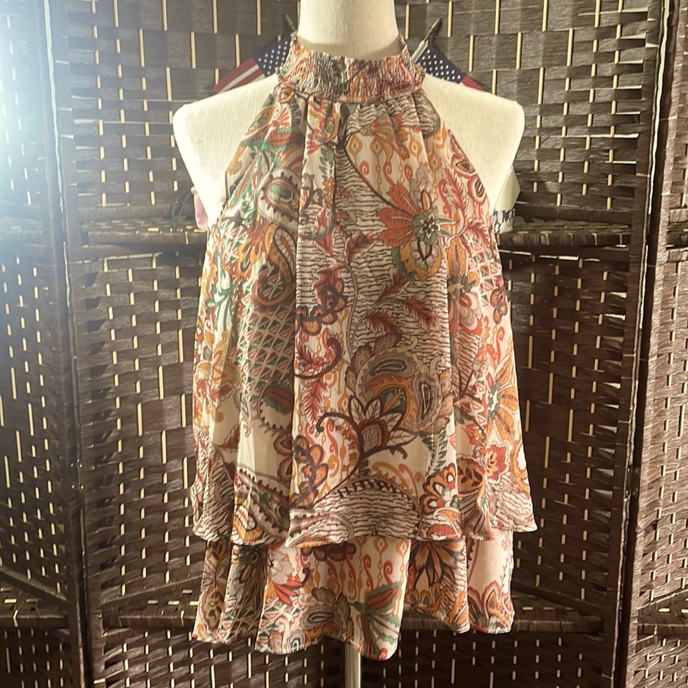 CeCe Cream Floral Paisley Halter Tiered Blouse